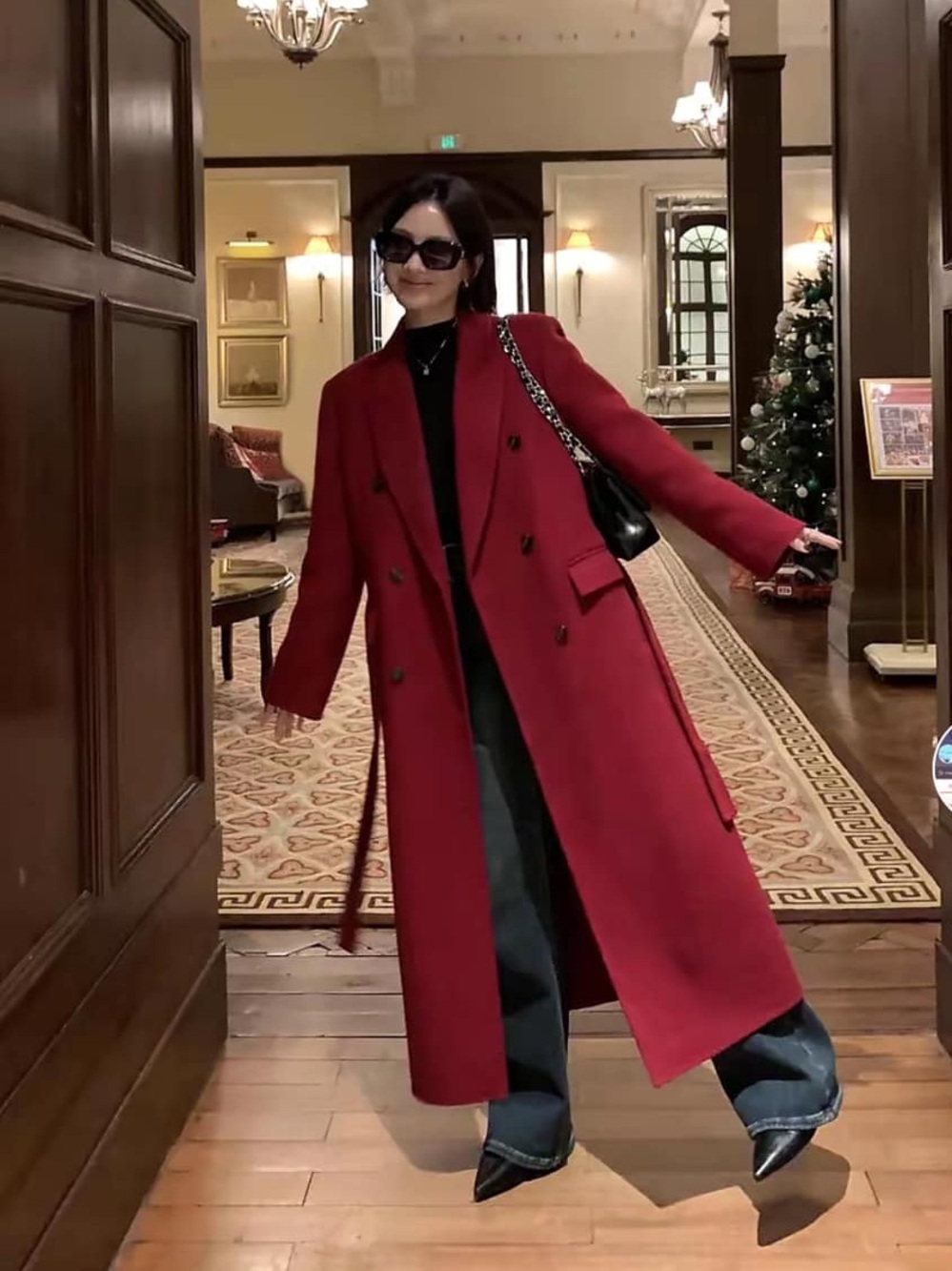NWOT Pusumede 100% Wool Red Double-Breasted Long Coat – Size M, 113cm